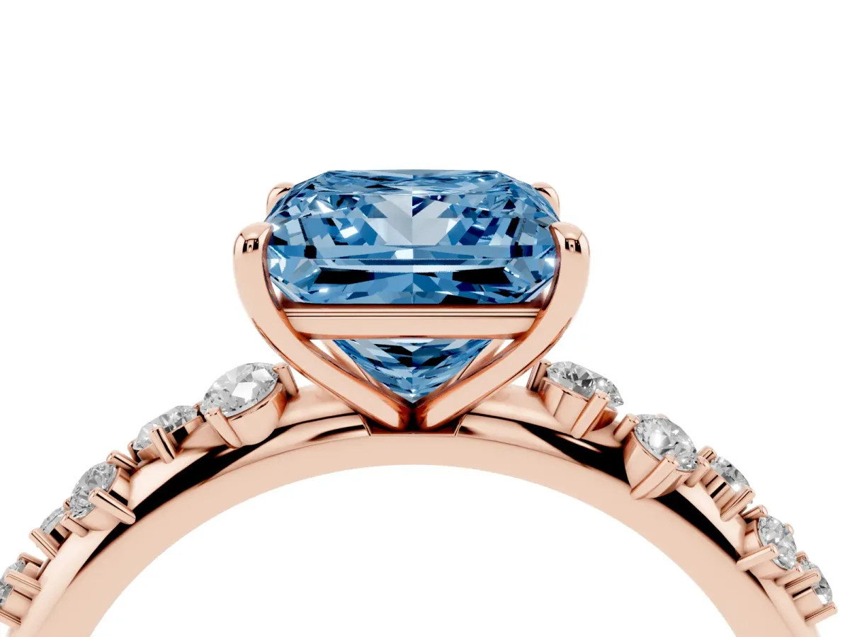 Fancy Blue Princess Cut Diamond Cluster Prong-Set Solitaire Ring Rose gold