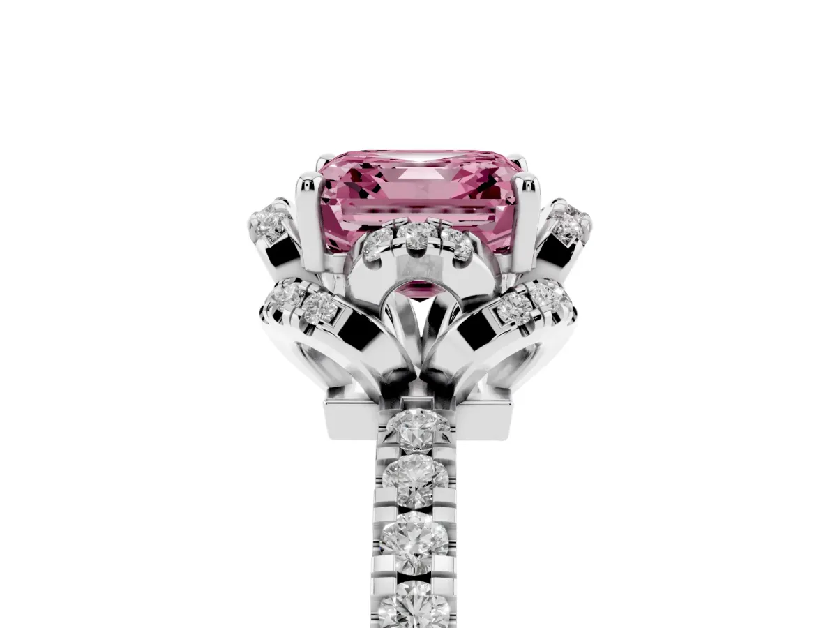 Fancy Pink Asscher Cut Diamond Halo Pave Band with Four-Prong Setting White gold