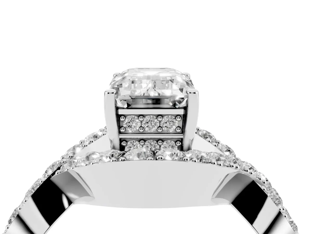 Emerald Cut Solitaire Twist Band Pavé Diamond Engagement Ring Silver