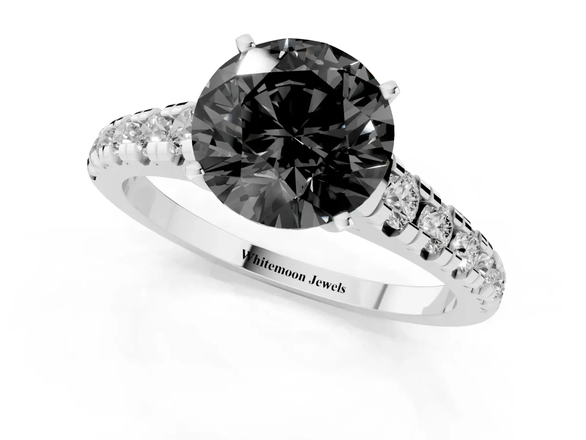 Fancy Black Round Cut Diamond Cathedral Solitaire Ring with Round Pavé Band Platinum