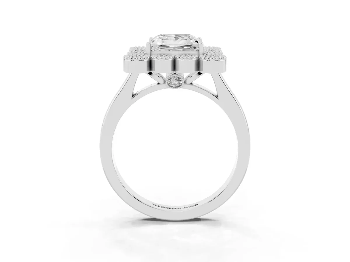 Princess Cut Halo Diamond Cluster Engagement Ring with Milgrain Bezel Setting and Solitaire Band Silver