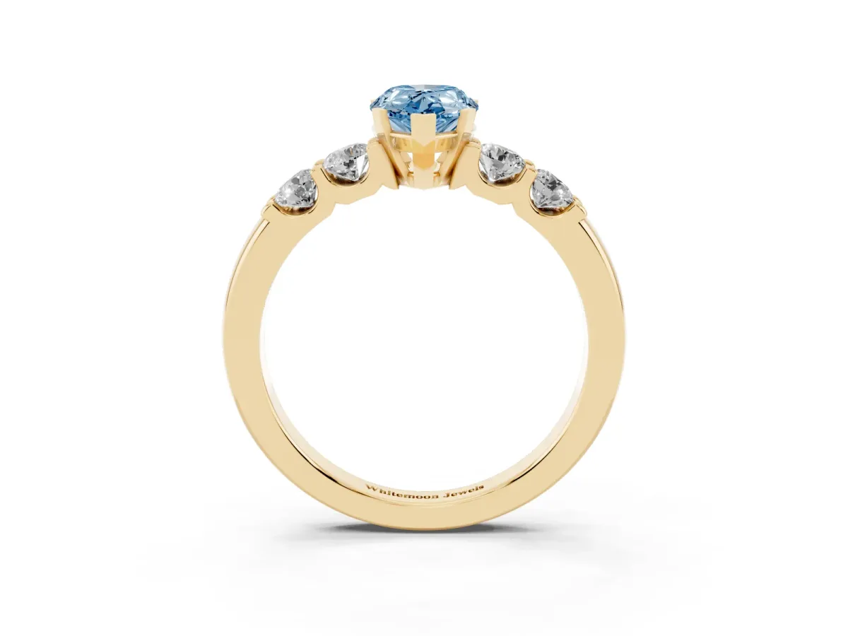 Fancy Blue Pear Cut Brilliant Cut Diamond Five-Stone Prong Set Engagement Ring with Channel Band Yellow gold