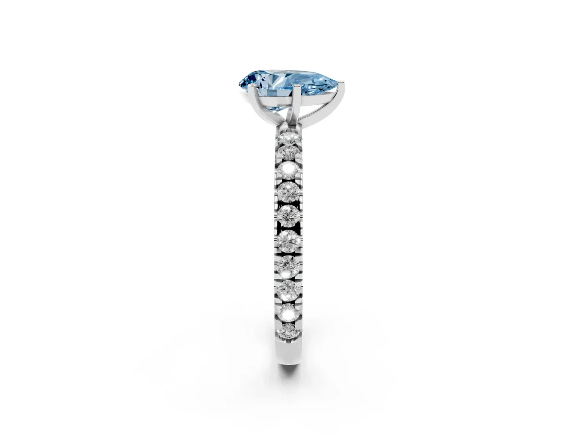 Fancy Blue Pear Cut Diamond Pavé Band Solitaire with Four-Prong Setting Silver