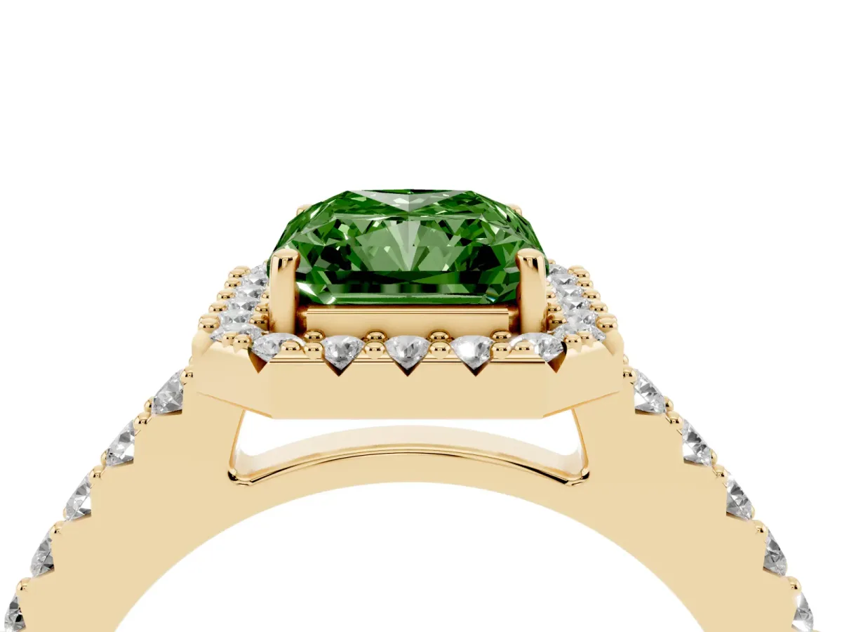 Fancy Green Radiant Cut Halo Diamond Pavé Solitaire Ring Yellow gold