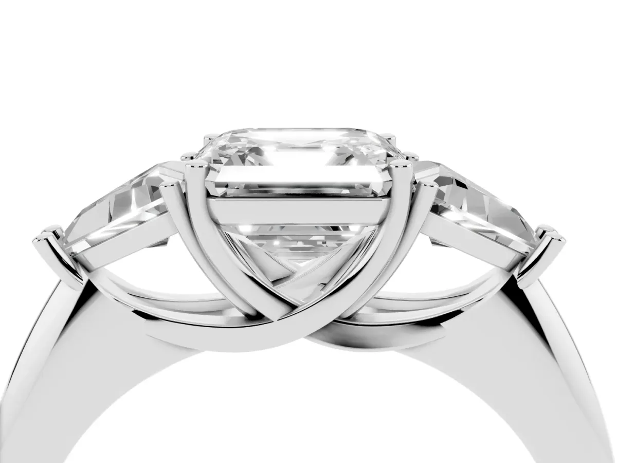 Three-Stone Asscher Cut Diamond Engagement Ring with Trillion Side Stones and Prong Setting Silver