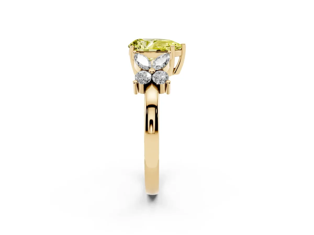 Fancy Yellow Pear Cut Diamond Floral Cluster Ring with Solitaire Band and Prong Setting Yellow gold