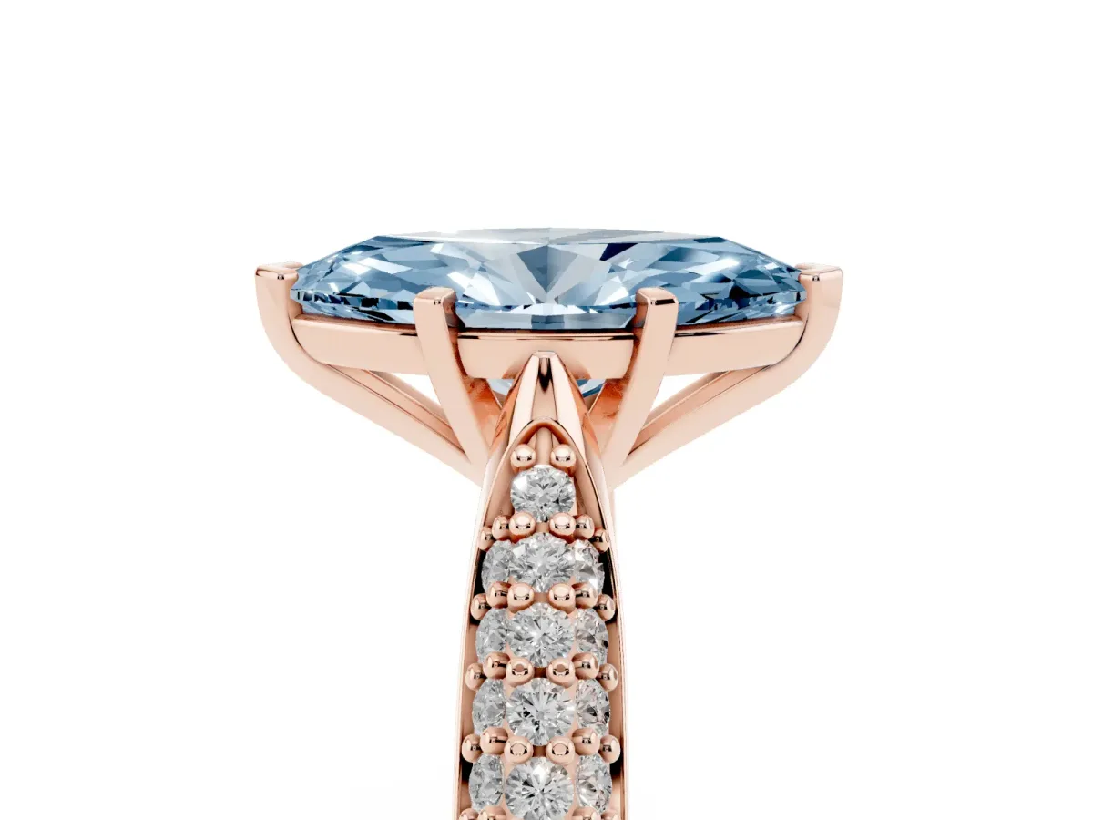 Fancy Blue Marquise Cut Diamond Solitaire Engagement Ring with Multi-Row Round Pavé Band and Prong Setting Rose gold
