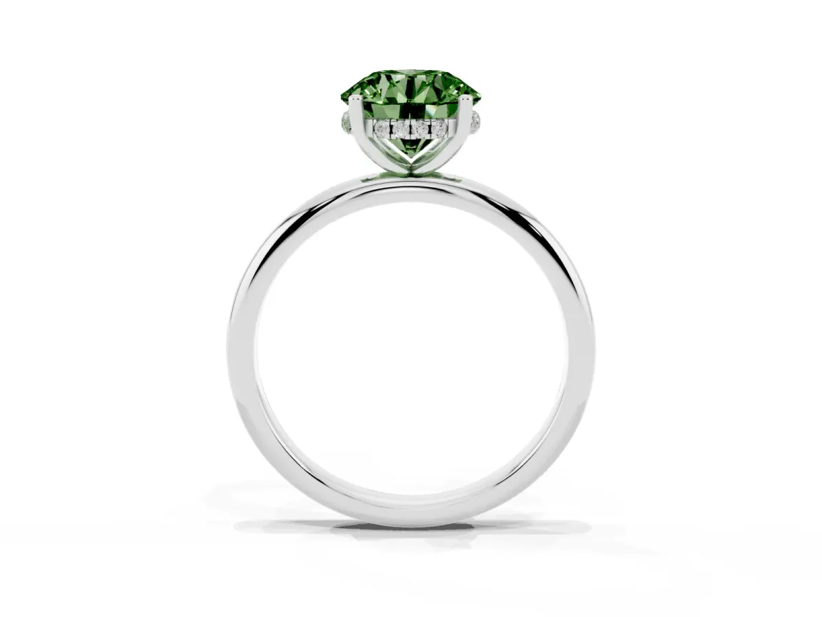 Fancy Green Round Cut Cut Solitaire Engagement Ring with Four-Prong Setting and Classic Band Silver