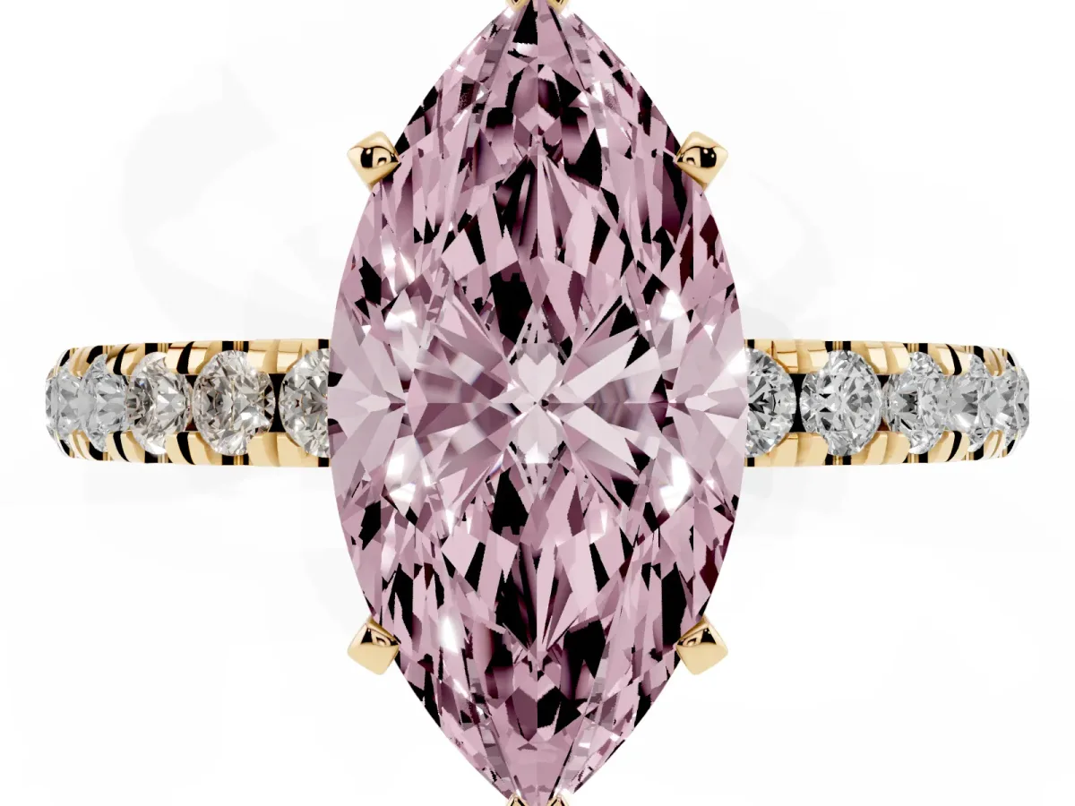 Fancy Pink Marquise Cut Diamond Solitaire Ring with Pavé Accents and Four-Prong Setting Yellow gold