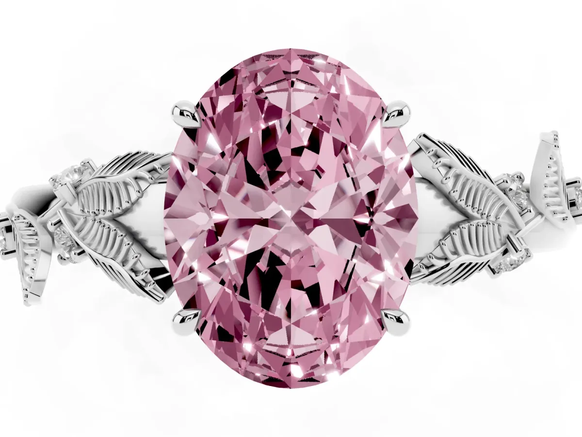 Fancy Pink Oval Cut Diamond Solitaire Ring with Leaf Motif Band and Four-Prong Setting Silver