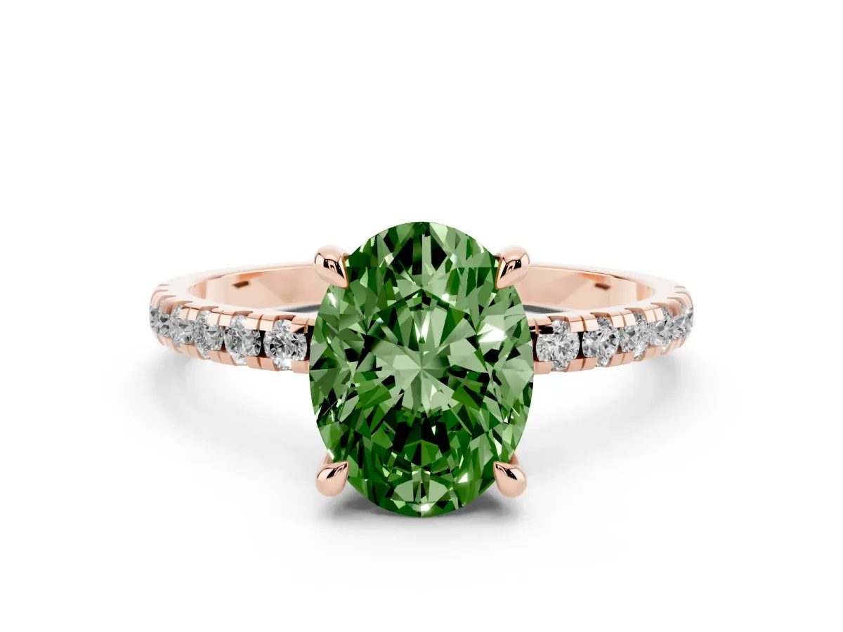 Fancy Green Oval Cut Diamond Brilliant Solitaire Ring with Pavé Band and Four-Prong Setting Rose gold