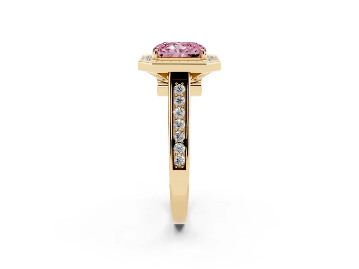 Fancy Pink Radiant Cut Halo Solitaire Diamond Ring with Pave Band and Bezel Setting Yellow gold