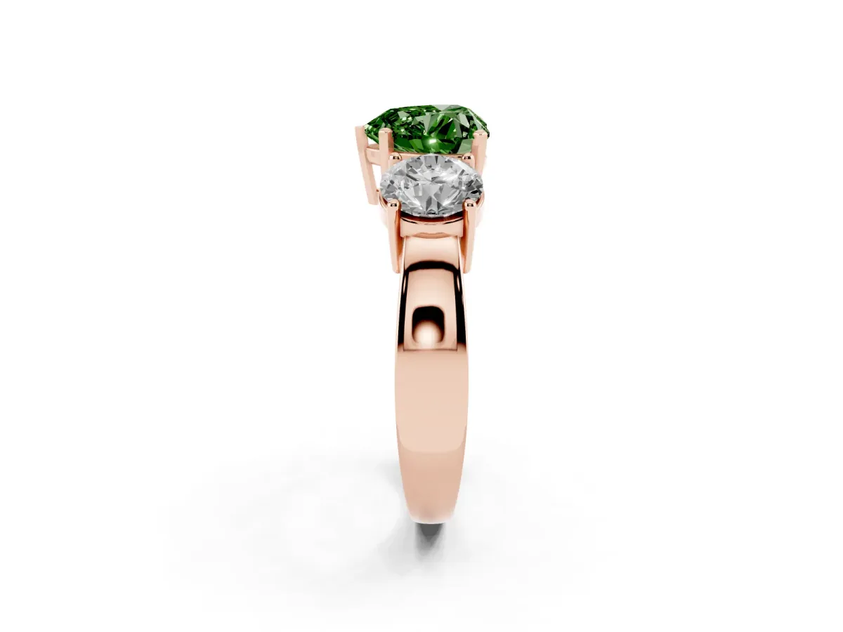 Fancy Green Three-Stone Heart Cut Diamond Ring with Round Side Stones, Classic Band, and Four-Prong Setting Rose gold