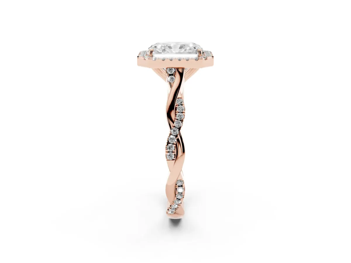Radiant Cut Halo Twist Band Solitaire Ring Rose gold