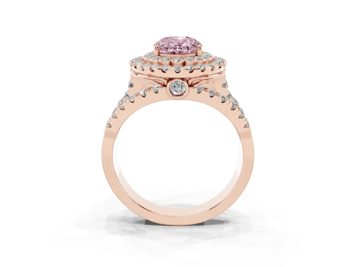 Fancy Pink Oval Cut Diamond Double Halo Ring with Round Pavé Split Shank and Prong Setting Rose gold