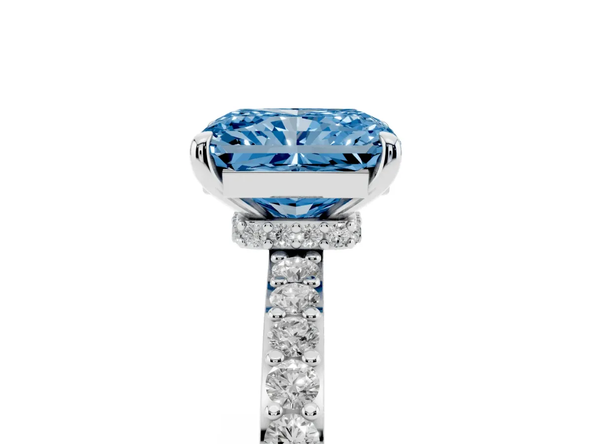 Fancy Blue Radiant Cut Diamond Pavé Engagement Ring with Round Accents and Prong Setting Silver