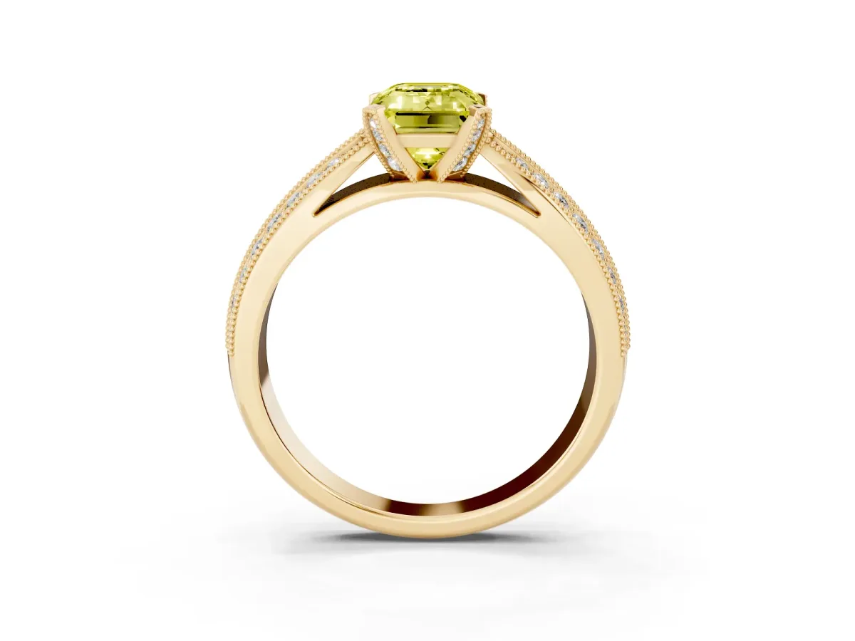 Fancy Yellow Emerald Cut Diamond Solitaire Ring with Milgrain Round Pavé Band and Prong Setting Yellow gold