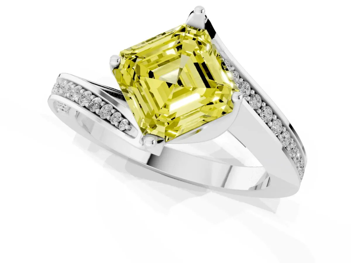 Fancy Yellow Asscher Cut Solitaire Diamond Twist Band with Pavé Setting and Four-Prong Setting Silver