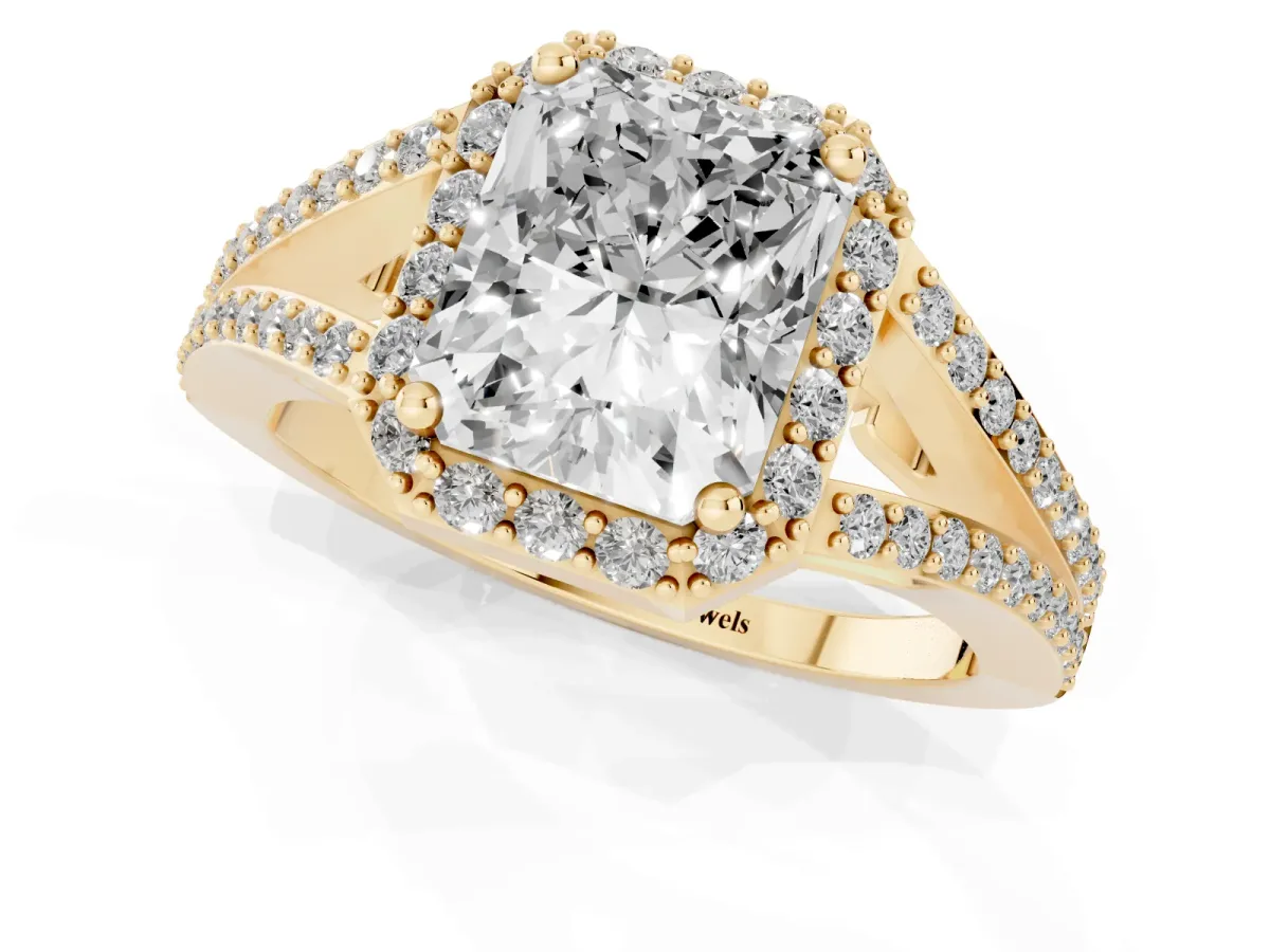 Radiant Cut Halo Split Shank Pave Diamond Ring with Four-Prong Setting Yellow gold