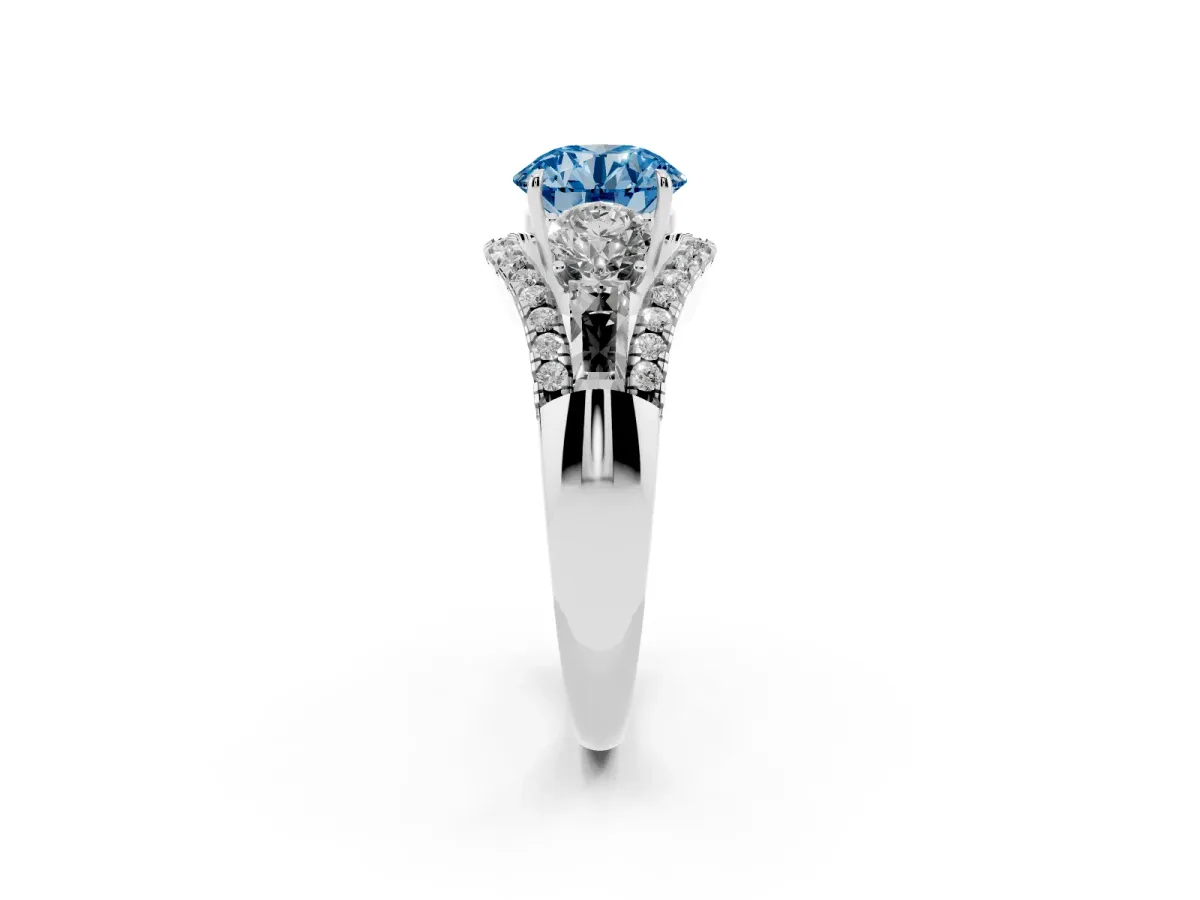 Fancy Blue Three-Stone Round Cut Diamond Engagement Ring with Pave Band and Prong Setting Silver