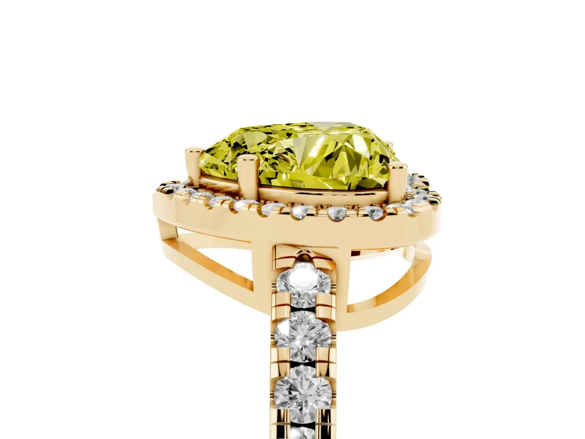 Fancy Yellow Heart Cut Diamond Halo Ring with Pavé Band and Four-Prong Setting Yellow gold