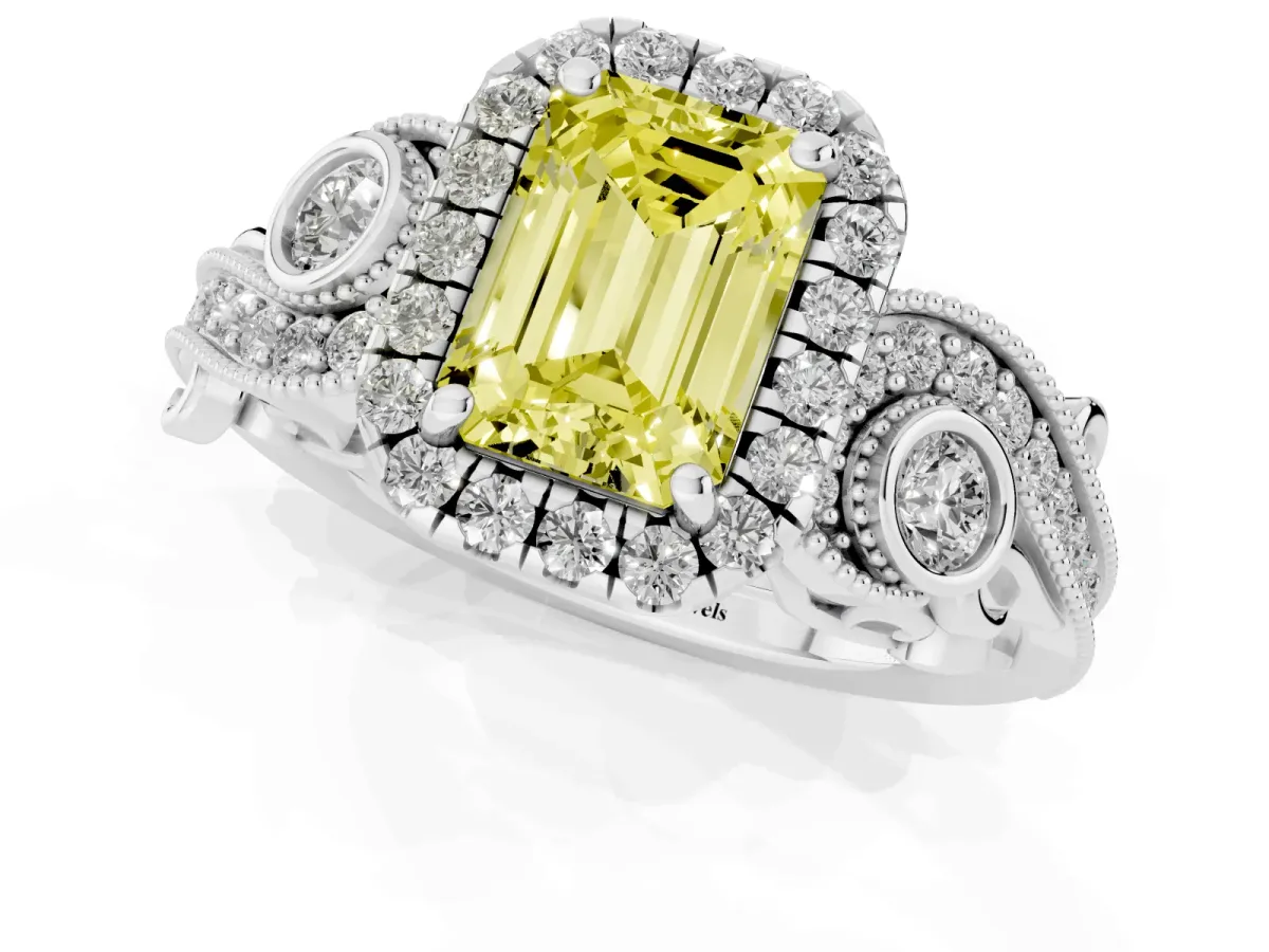 Fancy Yellow Emerald Cut Halo Diamond Ring with Milgrain and Bezel Accents on a Split Shank Band Platinum