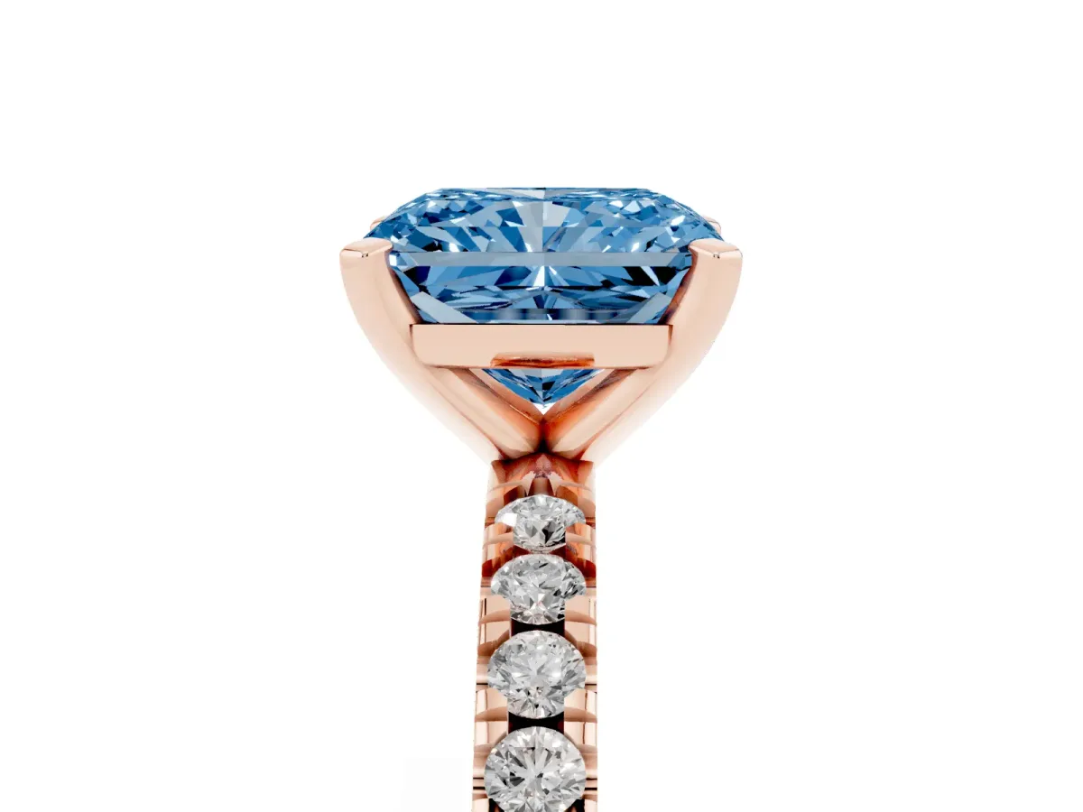 Fancy Blue Radiant Cut Diamond Pavé Band Solitaire with Four-Prong Setting Rose gold