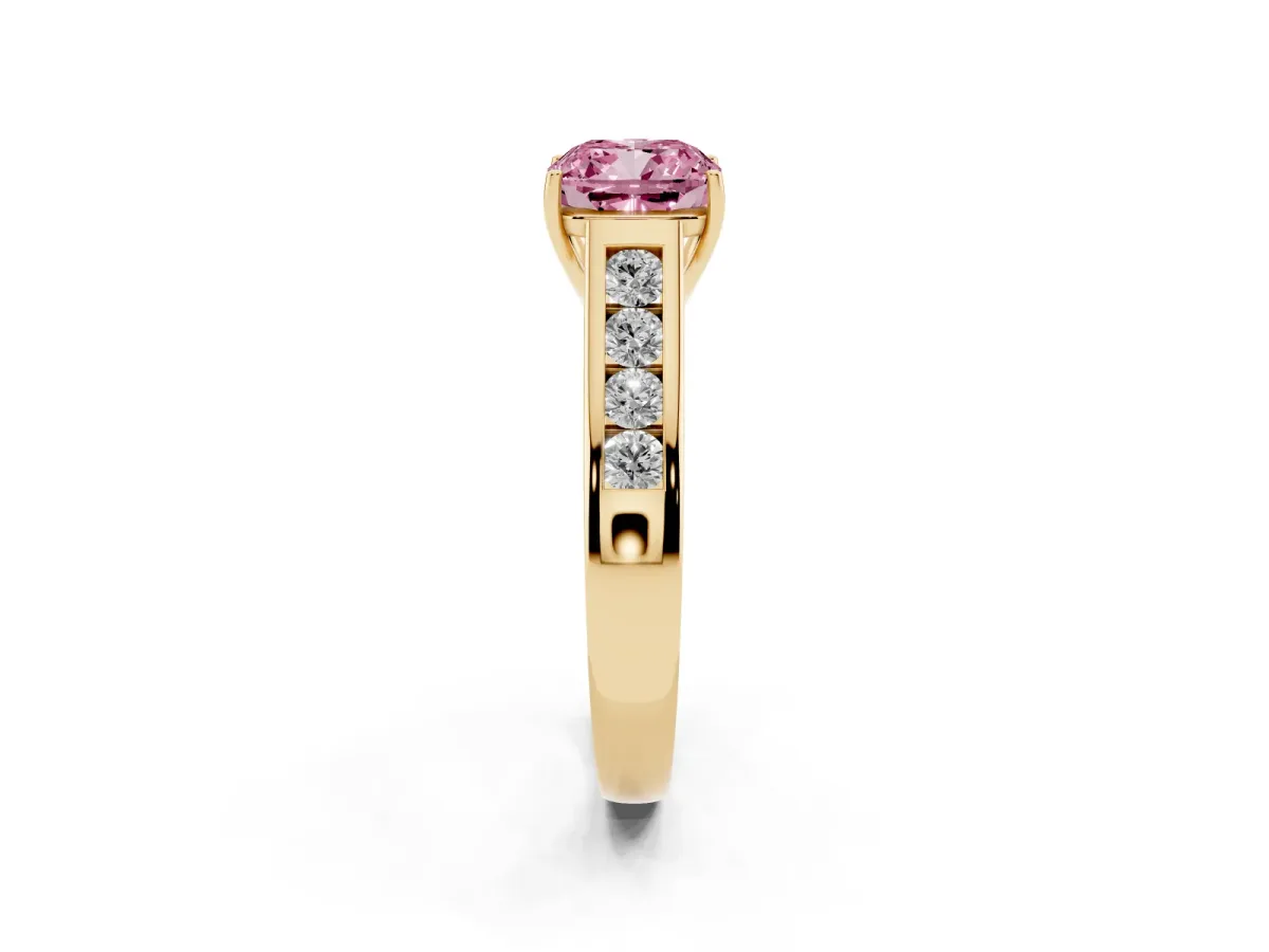 Fancy Pink Cushion Cut Solitaire Channel-Set Diamond Engagement Ring with Four-Prong Setting Yellow gold