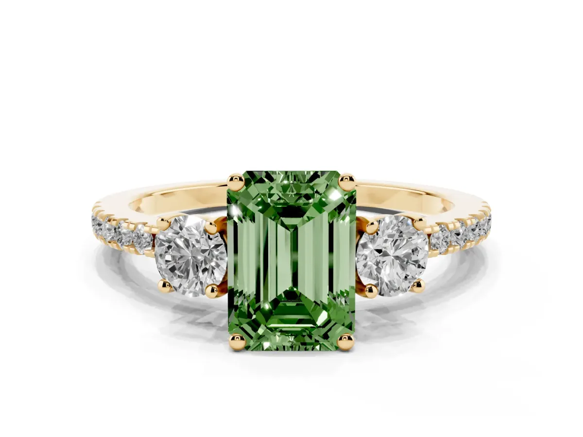 Fancy Green Three-Stone Emerald Cut Cut Diamond Pavé Band with Prong Setting Yellow gold