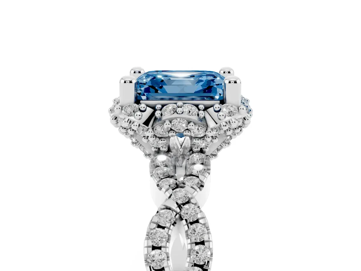 Fancy Blue Asscher Cut Halo Twist Band Solitaire Ring with Six-Prong Setting Silver