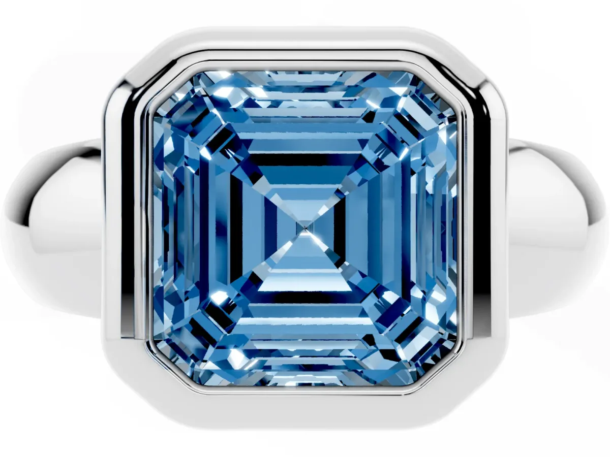 Fancy Blue Bezel Set Asscher Cut Solitaire Ring with Wide Band Silver