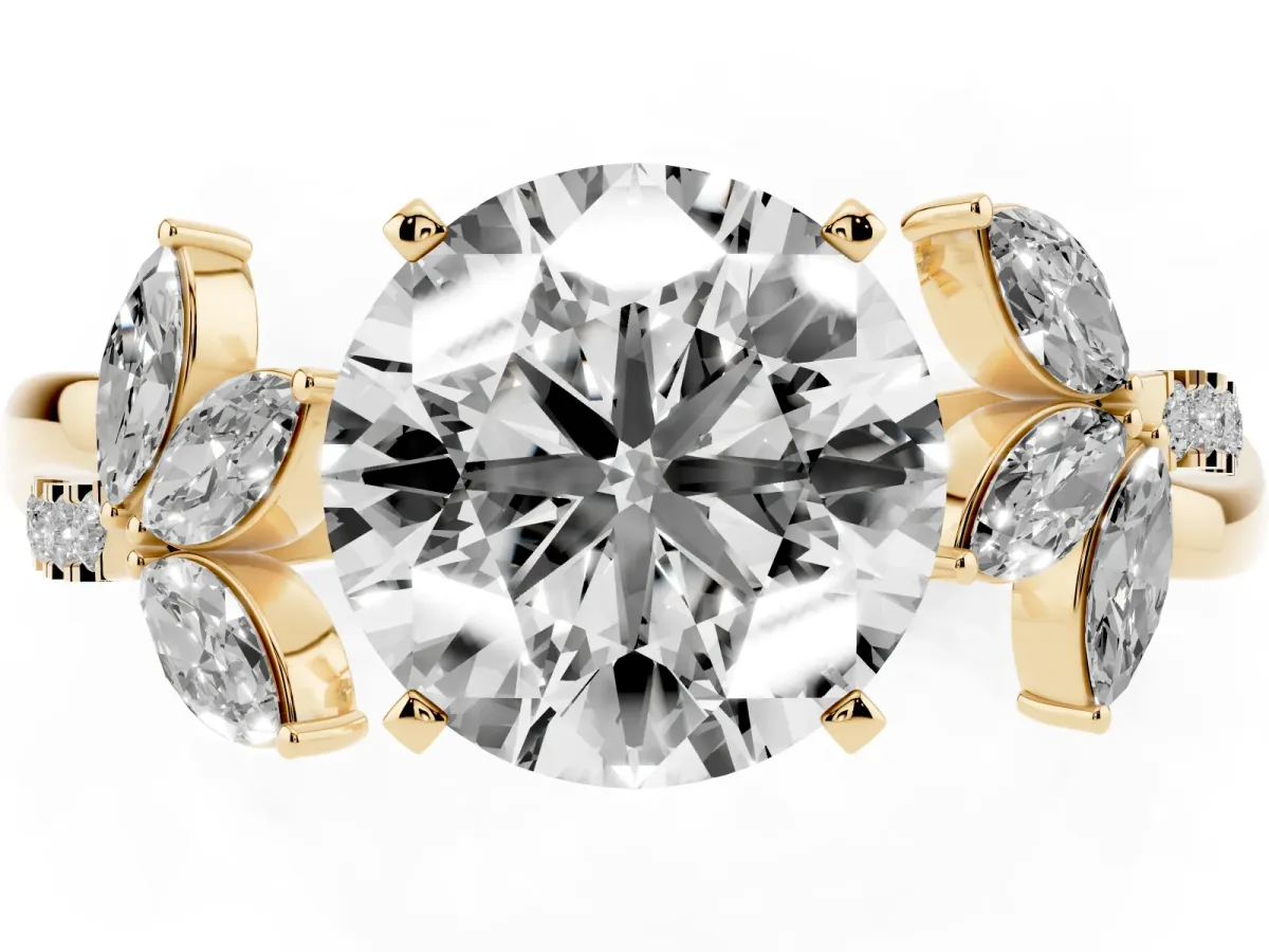 Round Cut Diamond Floral Vine Solitaire Engagement Ring Yellow gold
