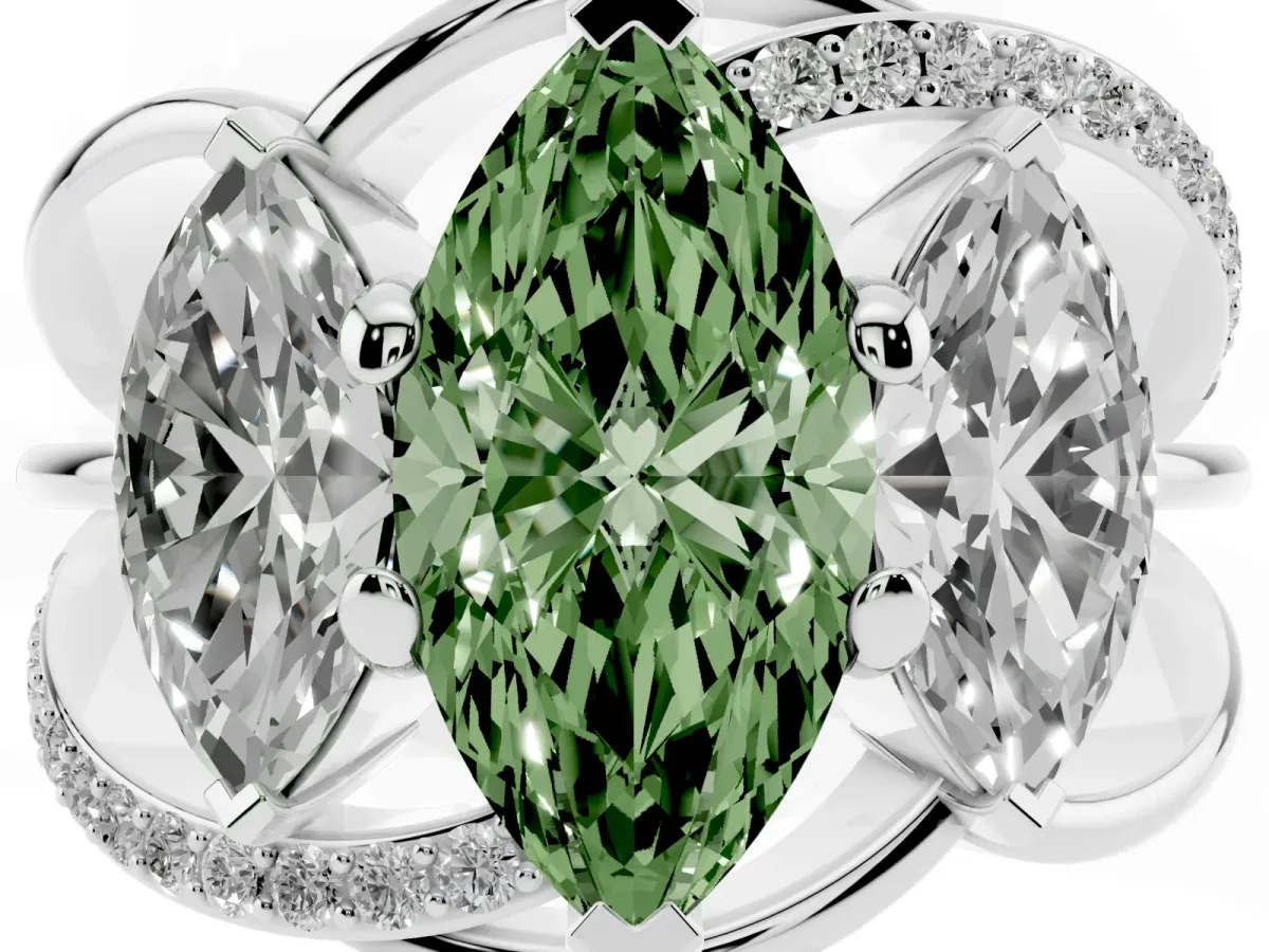 Fancy Green Three-Stone Marquise Cut Cut Diamond Split Shank Prong Set Ring Silver