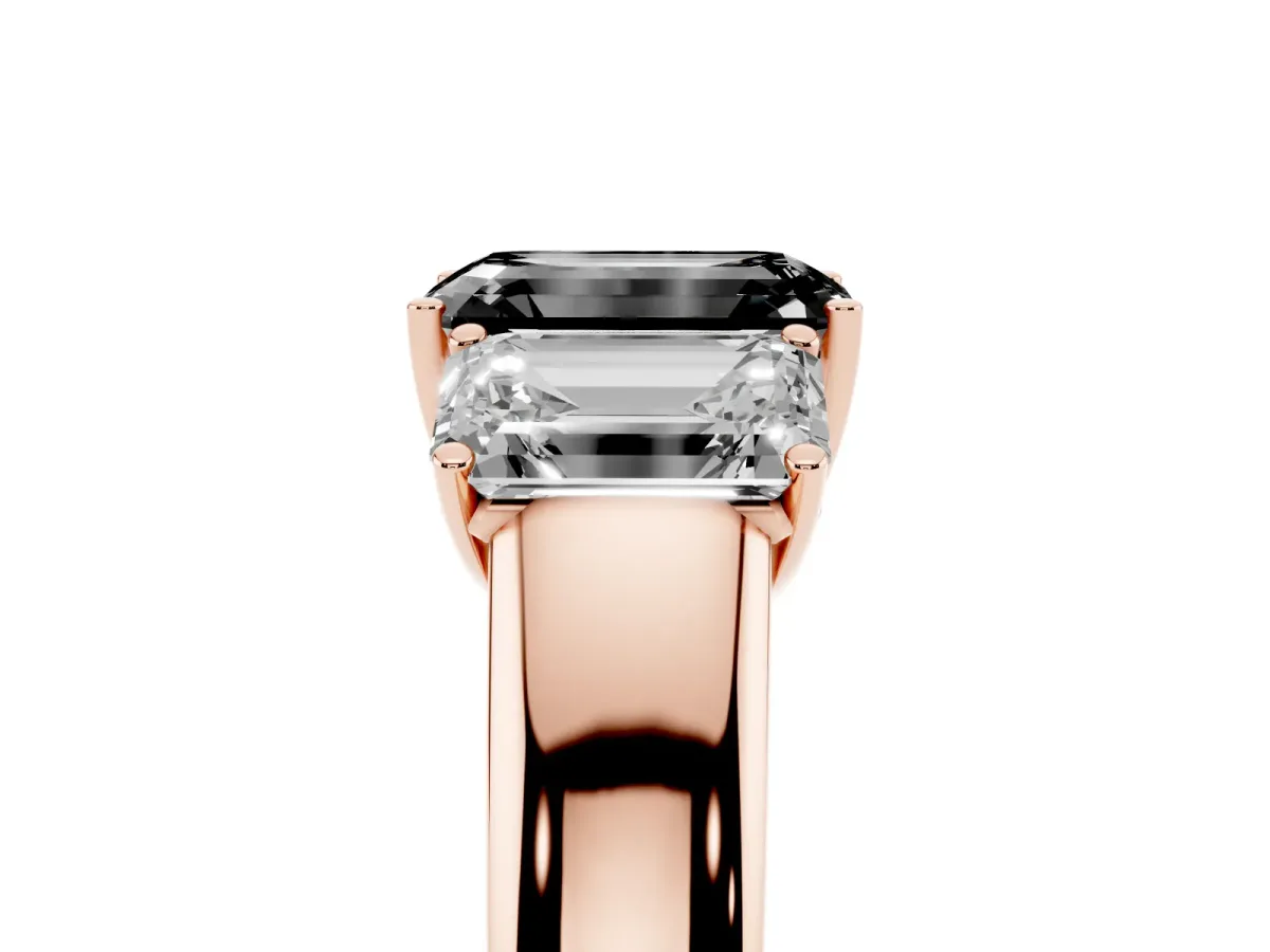 Fancy Black Three-Stone Emerald Cut Cut Diamond Ring with Prong Setting and Classic Band Rose gold