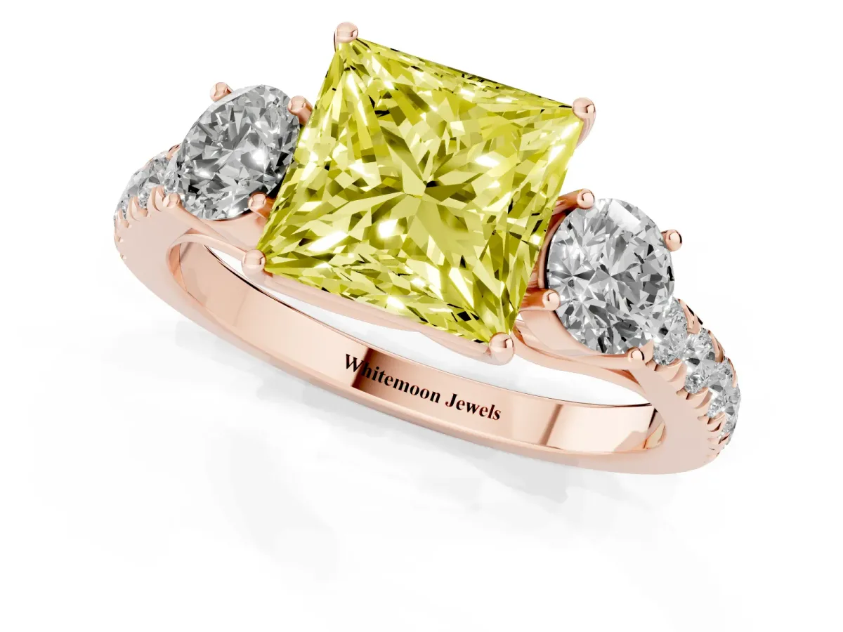 Fancy Yellow Princess Cut Cut Diamond Three-Stone Ring with Round Side Stones and Pavé Band Rose gold