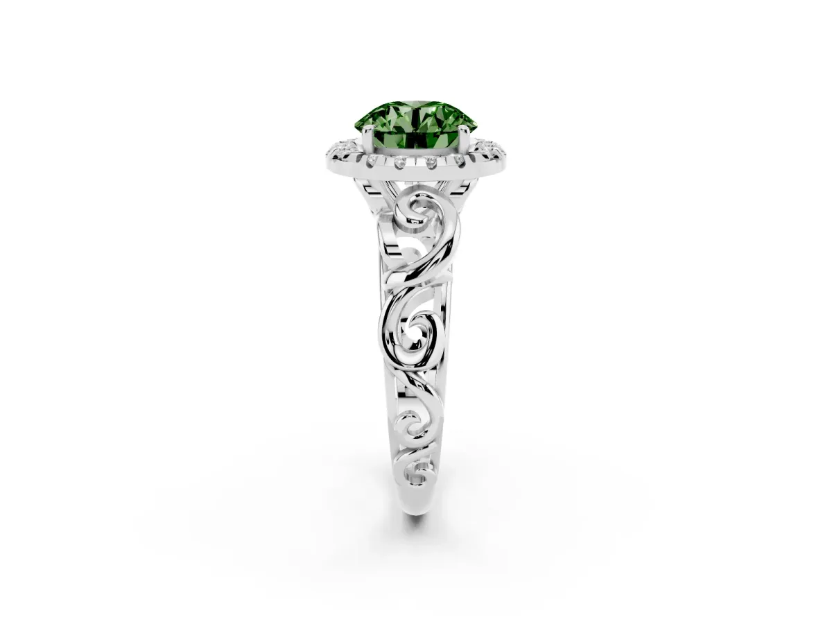 Fancy Green Round Cut Cut Halo Diamond Ring with Scrollwork Band and Four-Prong Setting Silver
