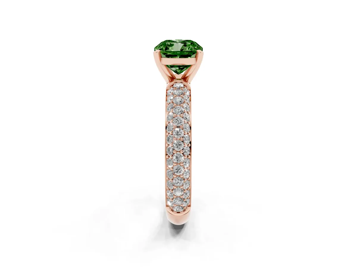 Fancy Green Cushion Cut Diamond Solitaire Ring with Prong Setting and Pavé Band Rose gold