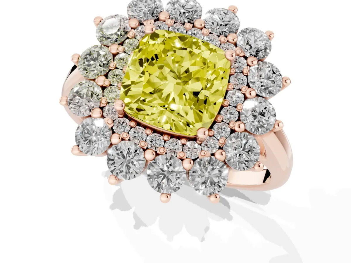 Fancy Yellow Cushion Cut Diamond Floral Double Halo Engagement Ring with Prong Setting Rose gold