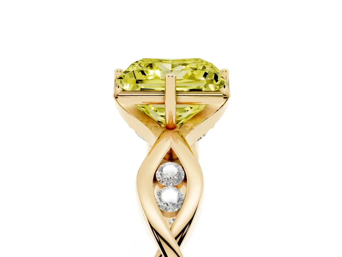 Fancy Yellow Princess Cut Solitaire Twist Band with Leaf Prong Setting Yellow gold