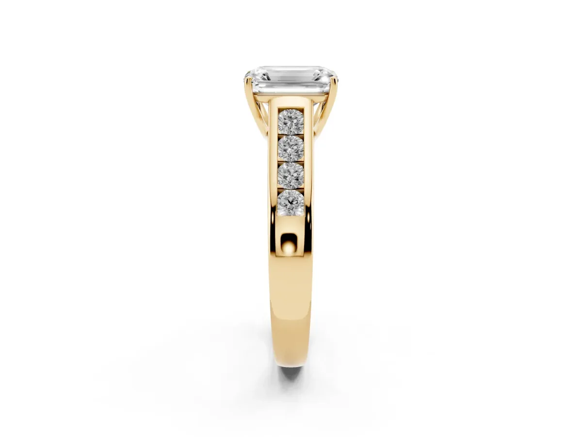 Emerald Cut Solitaire Channel-Set Diamond Engagement Ring with Four-Prong Setting Yellow gold