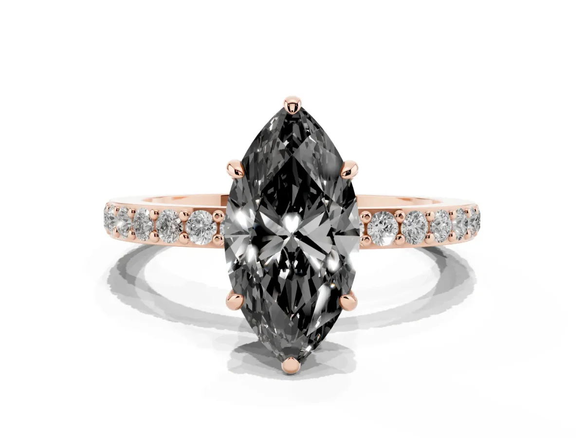 Fancy Black Marquise Cut Diamond Pavé Engagement Ring with Round Accents and Prong Setting Rose gold