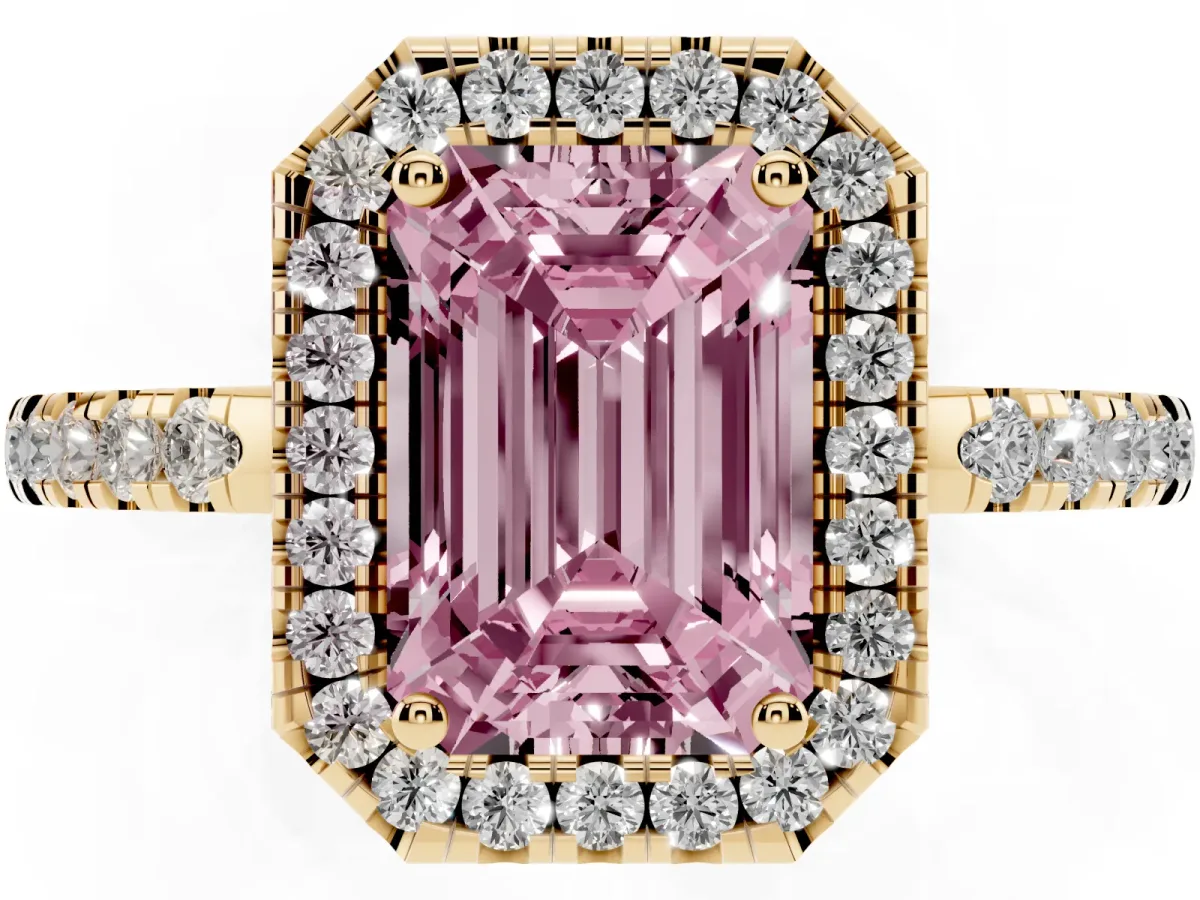 Fancy Pink Emerald Cut Halo Diamond Engagement Ring with Pavé Band and Four-Prong Setting Yellow gold
