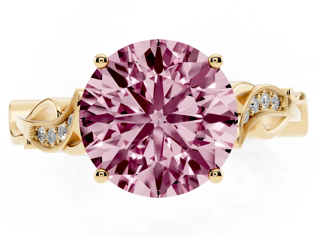 Fancy Pink Round Cut Solitaire Vine Band with Milgrain Prong Setting Yellow gold