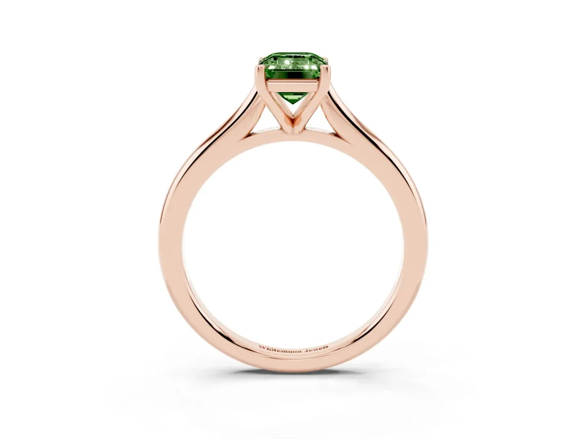 Fancy Green Emerald Cut Cut Solitaire Ring with Cathedral Band and Four-Prong Setting Rose gold