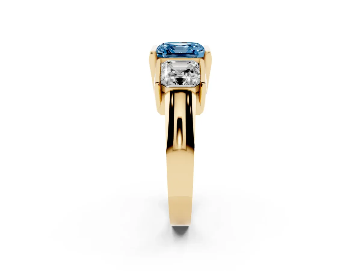 Fancy Blue Three Stone Asscher Cut Cut Channel Set Diamond Ring Yellow gold