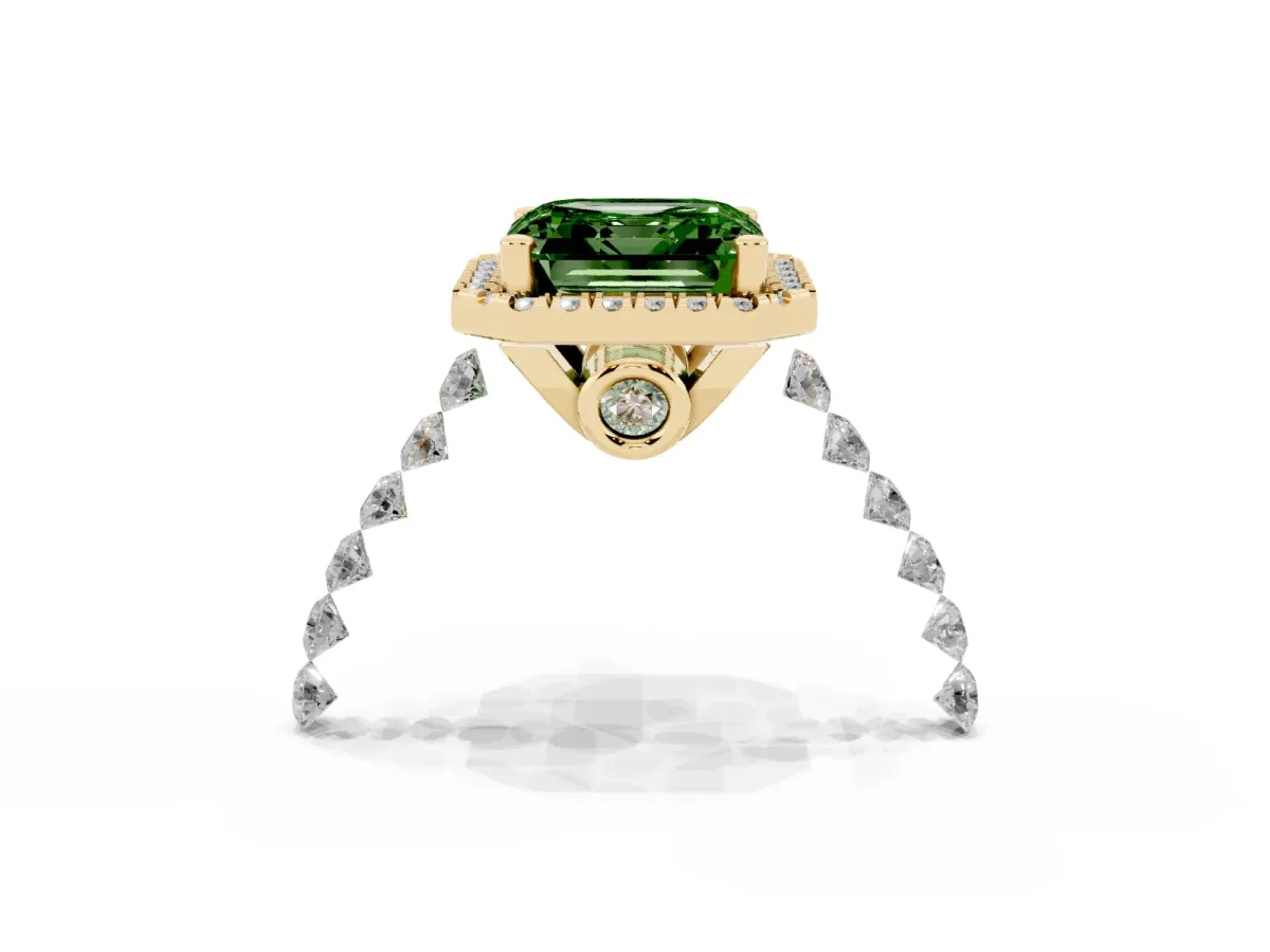 Fancy Green Asscher Cut Halo Pavé Diamond Engagement Ring with Four-Prong Setting Yellow gold