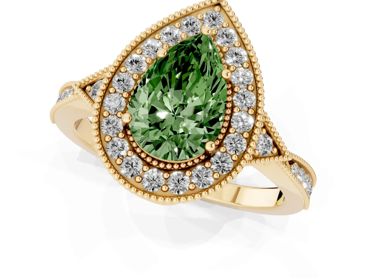 Fancy Green Pear Cut Halo Round Diamond Milgrain Pave Engagement Ring Yellow gold