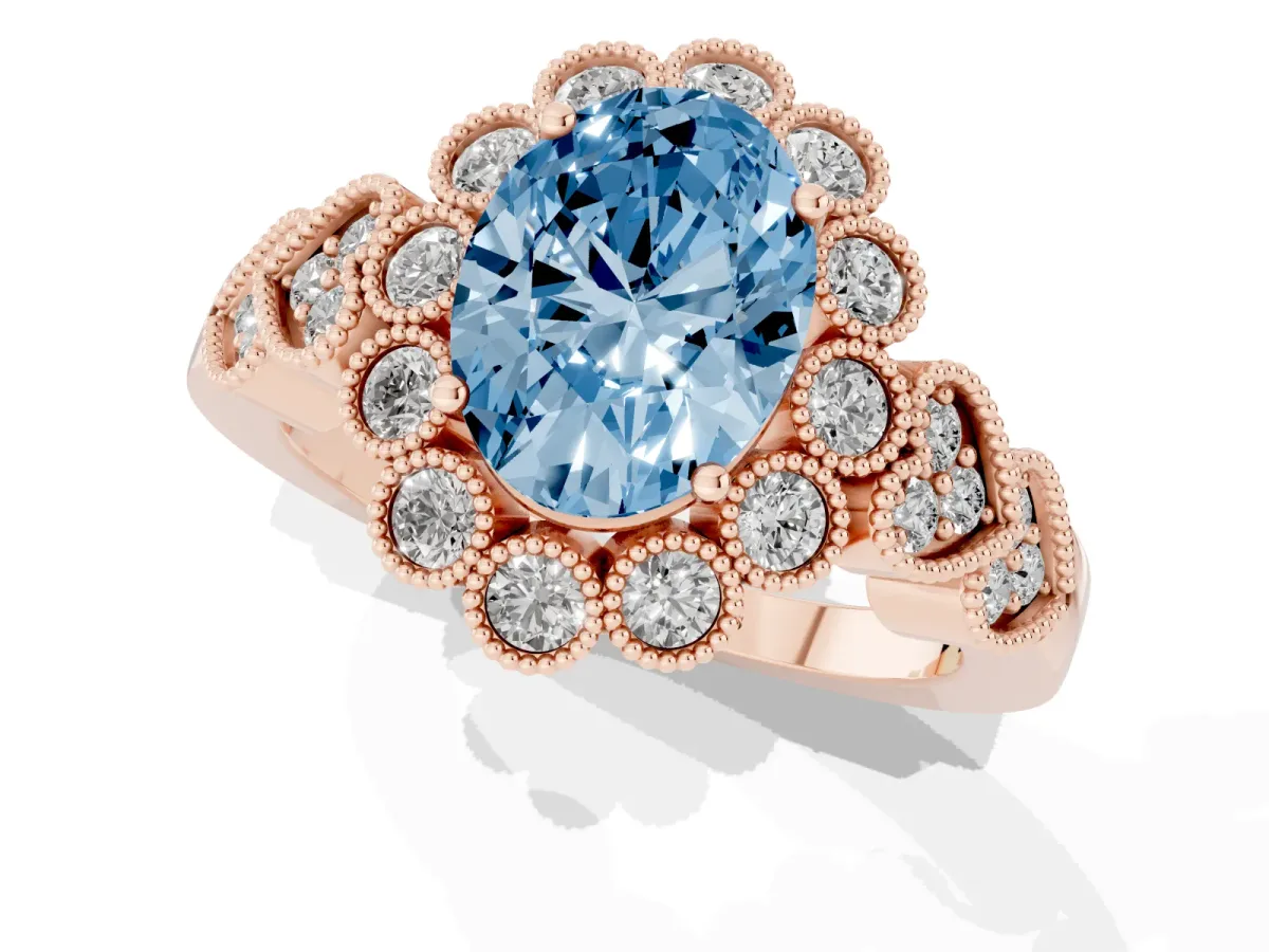 Fancy Blue Oval Cut Brilliant Milgrain Pave Heart Band Solitaire Ring Rose gold