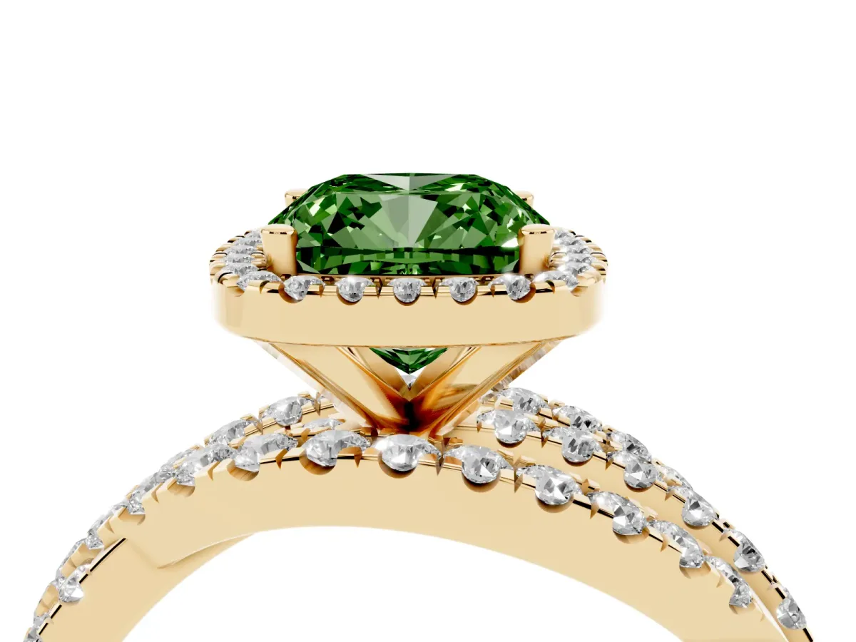 Fancy Green Cushion Cut Diamond Halo Ring with Round Split Shank and Prong Setting Yellow gold