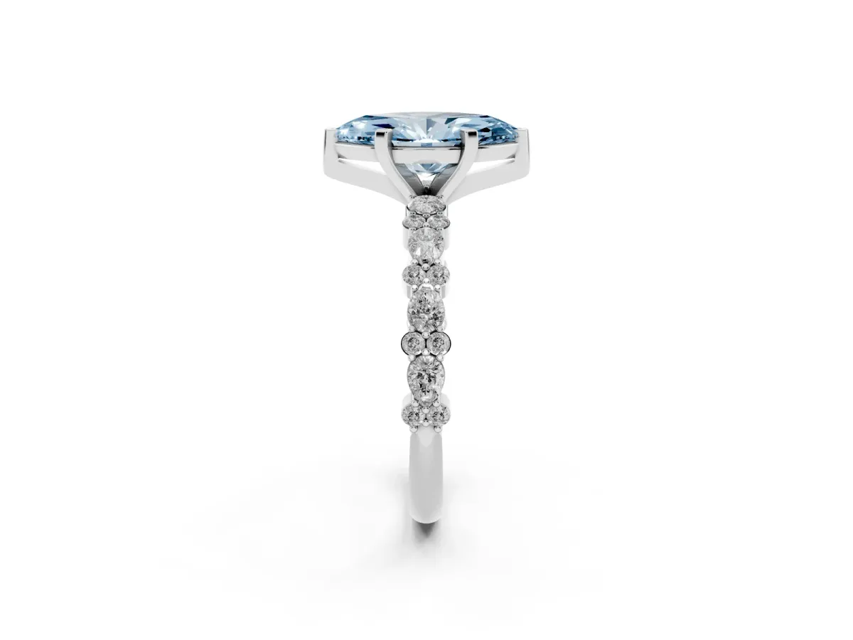 Fancy Blue Marquise Cut Diamond Side Stone Solitaire Ring with Round and Four-Prong Setting Silver